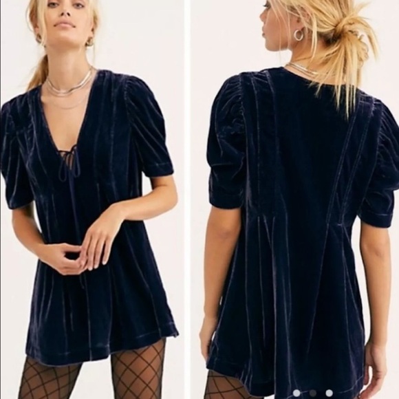 Free People Adelle Blue Velvet Tunic Babydoll Top size XSmall - Picture 1 of 16